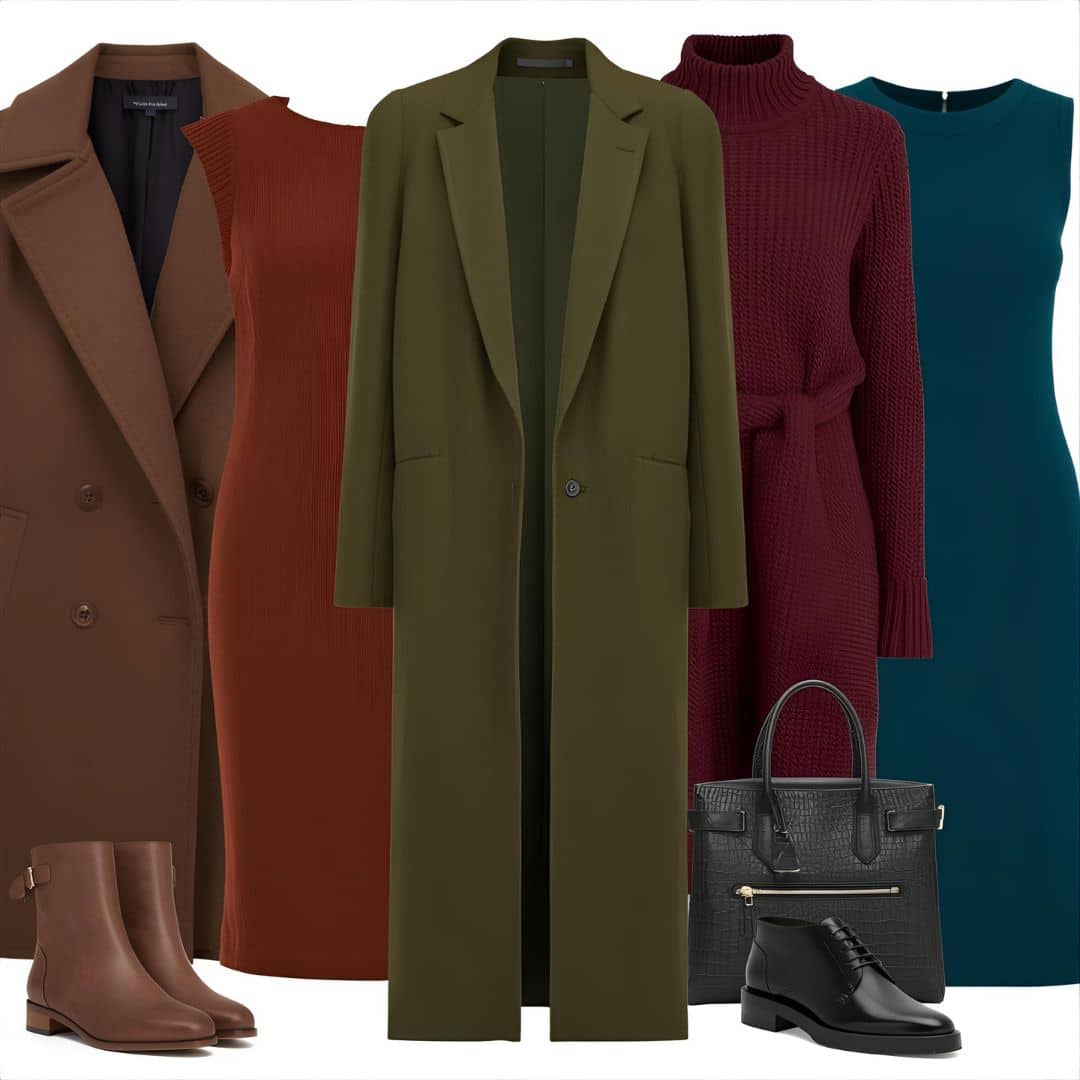 Look de otoño en tonos marrón chocolate, terracota, verde musgo, burdeos y azul petróleo, tendencias moda otoño 2025